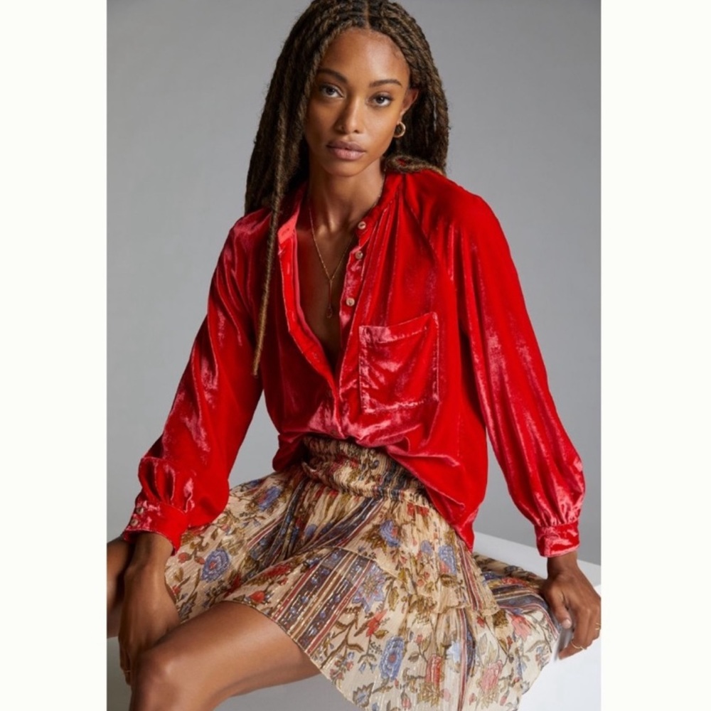 NWT Anthropologie Blouse Velvet Red